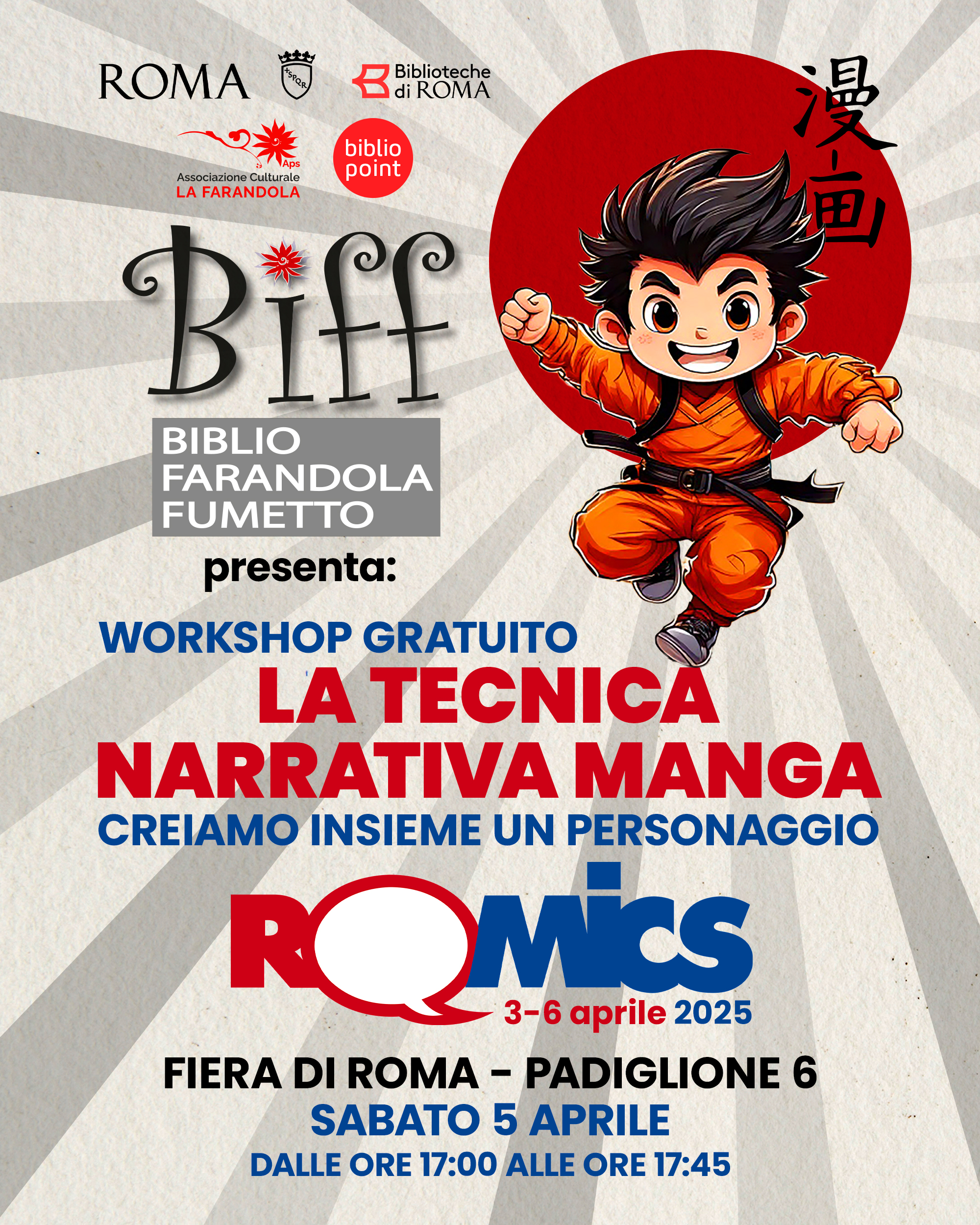 workshop gratuito "La tecnica narrativa manga - creiamo insieme un personaggio" Romics, fiera di Roma, padiglione 6, sabato 5 aprile 2025, dalle ore 17 alle 17:45